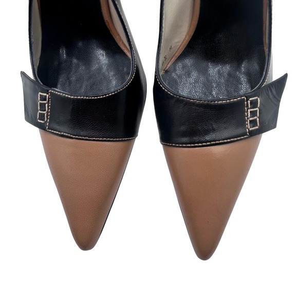 Renetti Tan Black Leather Slingback Pointed Toe Heels Women's Size 6.5 M Spain - Picture 3 of 13